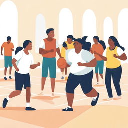 A simple vector art image vividly depicts undocumented immigrant students participating in an unfamiliar sport in a physical education class, causing them to feel awkward and self-conscious