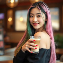 A beautiful Korean woman posing elegantly and charmingly, with long straight hair colored pink and green, holding a glass of coffee