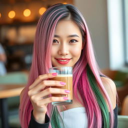 A beautiful Korean woman posing elegantly and charmingly, with long straight hair colored pink and green, holding a glass of coffee