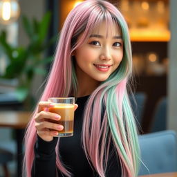 A beautiful Korean woman posing elegantly and charmingly, with long straight hair colored pink and green, holding a glass of coffee