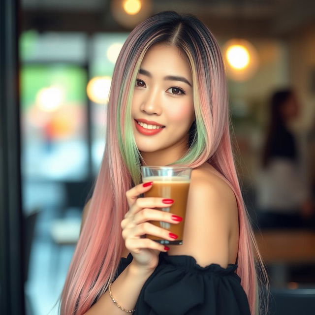 A beautiful Korean woman posing elegantly and charmingly, with long straight hair colored pink and green, holding a glass of coffee