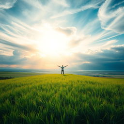 A stunning and expansive landscape representing the concept of freedom, featuring a vast open field under a dramatic sky with wispy clouds and rays of sunlight breaking through, a gentle breeze ruffling the tall grass, and a lone figure standing on a hill, arms outstretched to the sky, symbolizing liberation and connection to nature