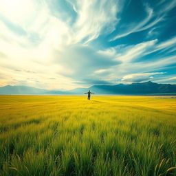 A stunning and expansive landscape representing the concept of freedom, featuring a vast open field under a dramatic sky with wispy clouds and rays of sunlight breaking through, a gentle breeze ruffling the tall grass, and a lone figure standing on a hill, arms outstretched to the sky, symbolizing liberation and connection to nature