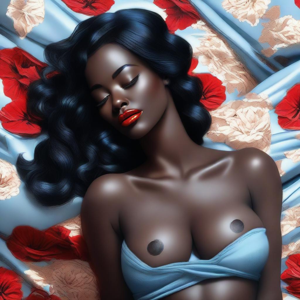 A high-quality digital art image capturing a beautiful woman with black skin, in a serene sleeping pose