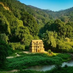 A sunlit ancient temple surrounded by lush greenery and a serene river flowing beside it