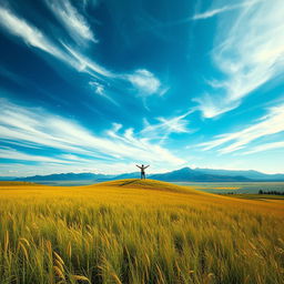 A stunning and expansive landscape representing the concept of freedom, featuring a vast open field under a dramatic sky with wispy clouds and rays of sunlight breaking through, a gentle breeze ruffling the tall grass, and a lone figure standing on a hill, arms outstretched to the sky, symbolizing liberation and connection to nature