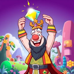 A cartoon-style illustration of King Wart Mamu, a whimsical character with a jovial expression, dressed in colorful, regal attire complete with a crown
