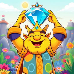 A cartoon-style illustration of King Wart Mamu, a whimsical character with a jovial expression, dressed in colorful, regal attire complete with a crown