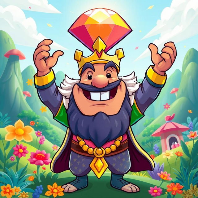 A cartoon-style illustration of King Wart Mamu, a whimsical character with a jovial expression, dressed in colorful, regal attire complete with a crown