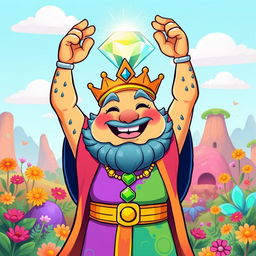 A cartoon-style illustration of King Wart Mamu, a whimsical character with a jovial expression, dressed in colorful, regal attire complete with a crown