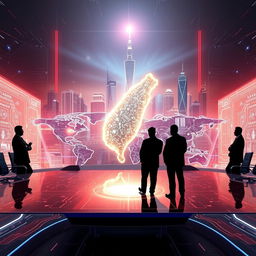 A futuristic geopolitical scene showcasing the 21st-century dominance tied to controlling Taiwan