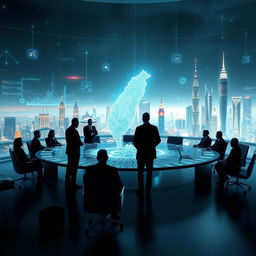 A futuristic geopolitical scene showcasing the 21st-century dominance tied to controlling Taiwan