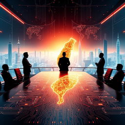 A futuristic geopolitical scene showcasing the 21st-century dominance tied to controlling Taiwan