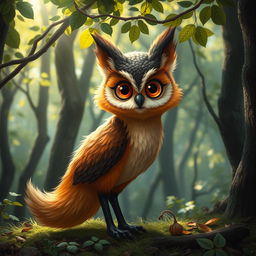A whimsical creature that is a blend of a fox and an owl, featuring the elegant and cunning body of a fox with the large, expressive, round eyes and feathered head of an owl