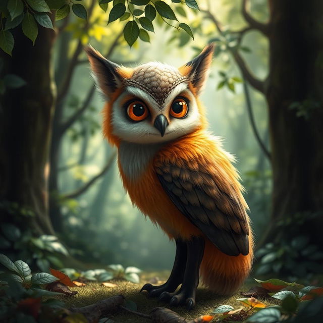 A whimsical creature that is a blend of a fox and an owl, featuring the elegant and cunning body of a fox with the large, expressive, round eyes and feathered head of an owl