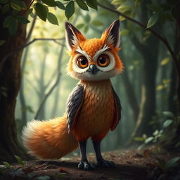 A whimsical creature that is a blend of a fox and an owl, featuring the elegant and cunning body of a fox with the large, expressive, round eyes and feathered head of an owl