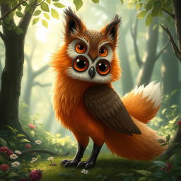 A whimsical creature that is a blend of a fox and an owl, featuring the elegant and cunning body of a fox with the large, expressive, round eyes and feathered head of an owl