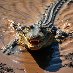 A dynamic and captivating image of a crocodile emerging from muddy water, showcasing its textured skin and razor-sharp teeth
