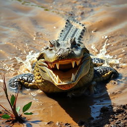 A dynamic and captivating image of a crocodile emerging from muddy water, showcasing its textured skin and razor-sharp teeth