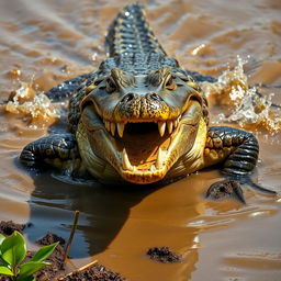 A dynamic and captivating image of a crocodile emerging from muddy water, showcasing its textured skin and razor-sharp teeth
