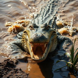 A dynamic and captivating image of a crocodile emerging from muddy water, showcasing its textured skin and razor-sharp teeth