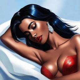 A high-quality digital art illustration of a stunning woman with brown skin in a peaceful sleeping pose