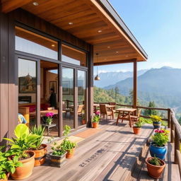 A charming prefab house designed as a cafe in the picturesque landscape of Nepal, featuring a modern and inviting exterior with large glass windows that open to a scenic view of the surrounding mountains