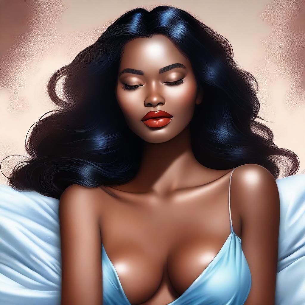 A high-quality digital art illustration of a stunning woman with brown skin in a peaceful sleeping pose