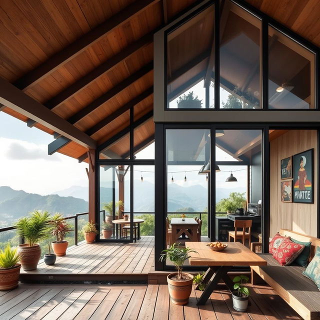 A charming prefab house designed as a cafe in the picturesque landscape of Nepal, featuring a modern and inviting exterior with large glass windows that open to a scenic view of the surrounding mountains