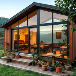 A charming prefab house designed as a cafe in the picturesque landscape of Nepal, featuring a modern and inviting exterior with large glass windows that open to a scenic view of the surrounding mountains