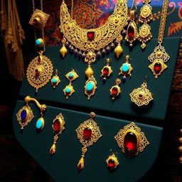 An exquisite display of traditional Persian jewelry featuring intricate gold filigree designs and vibrant gemstones like turquoise, deep red garnet, and lapis lazuli