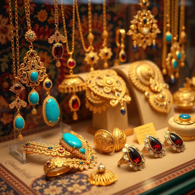 An exquisite display of traditional Persian jewelry featuring intricate gold filigree designs and vibrant gemstones like turquoise, deep red garnet, and lapis lazuli
