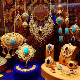An exquisite display of traditional Persian jewelry featuring intricate gold filigree designs and vibrant gemstones like turquoise, deep red garnet, and lapis lazuli