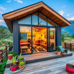 A charming prefab house designed as a cafe in the picturesque landscape of Nepal, featuring a modern and inviting exterior with large glass windows that open to a scenic view of the surrounding mountains