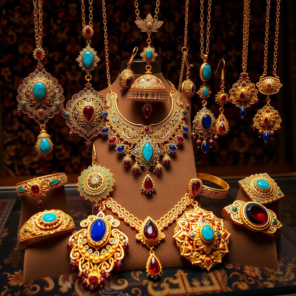 An exquisite display of traditional Persian jewelry featuring intricate gold filigree designs and vibrant gemstones like turquoise, deep red garnet, and lapis lazuli