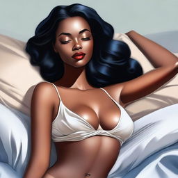 A high-quality digital art illustration of a stunning woman with brown skin in a peaceful sleeping pose