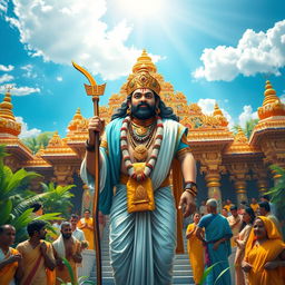 A vibrant depiction of Sabarimalai Ayyappan, a revered Hindu deity, standing majestically in a richly adorned temple backdrop