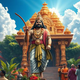 A vibrant depiction of Sabarimalai Ayyappan, a revered Hindu deity, standing majestically in a richly adorned temple backdrop