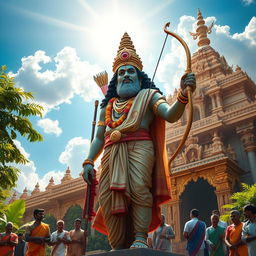 A vibrant depiction of Sabarimalai Ayyappan, a revered Hindu deity, standing majestically in a richly adorned temple backdrop