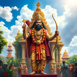 A vibrant depiction of Sabarimalai Ayyappan, a revered Hindu deity, standing majestically in a richly adorned temple backdrop
