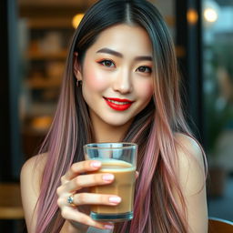 A beautiful Korean woman posing elegantly and charmingly, with long straight hair in shades of pink and green, holding a glass of coffee