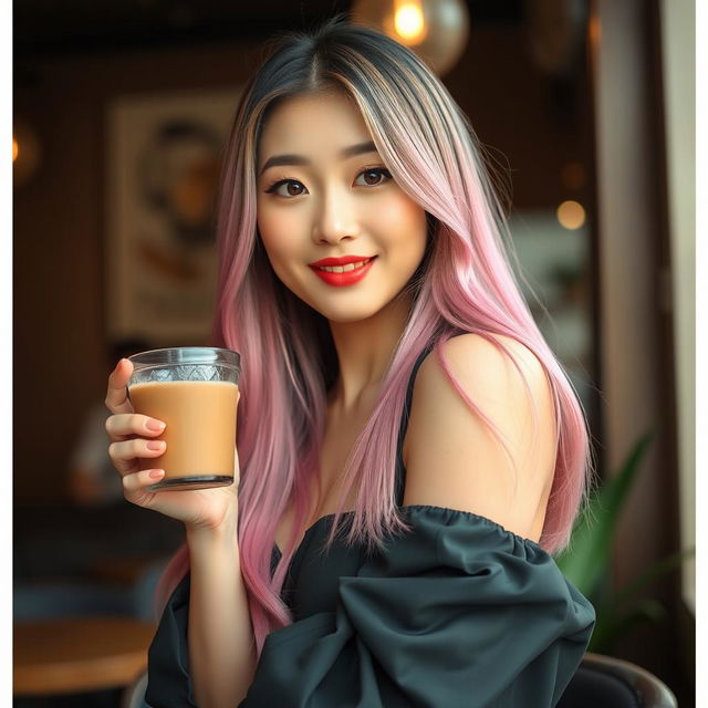 A beautiful Korean woman posing elegantly and charmingly, with long straight hair in shades of pink and green, holding a glass of coffee