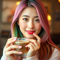 A beautiful Korean woman posing elegantly and charmingly, with long straight hair in shades of pink and green, holding a glass of coffee