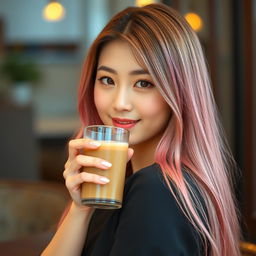 A beautiful Korean woman posing elegantly and charmingly, with long straight hair in shades of pink and green, holding a glass of coffee