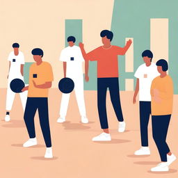 A minimalist vector art image depicting undocumented immigrant students participating in an unfamiliar sport in a physical education class