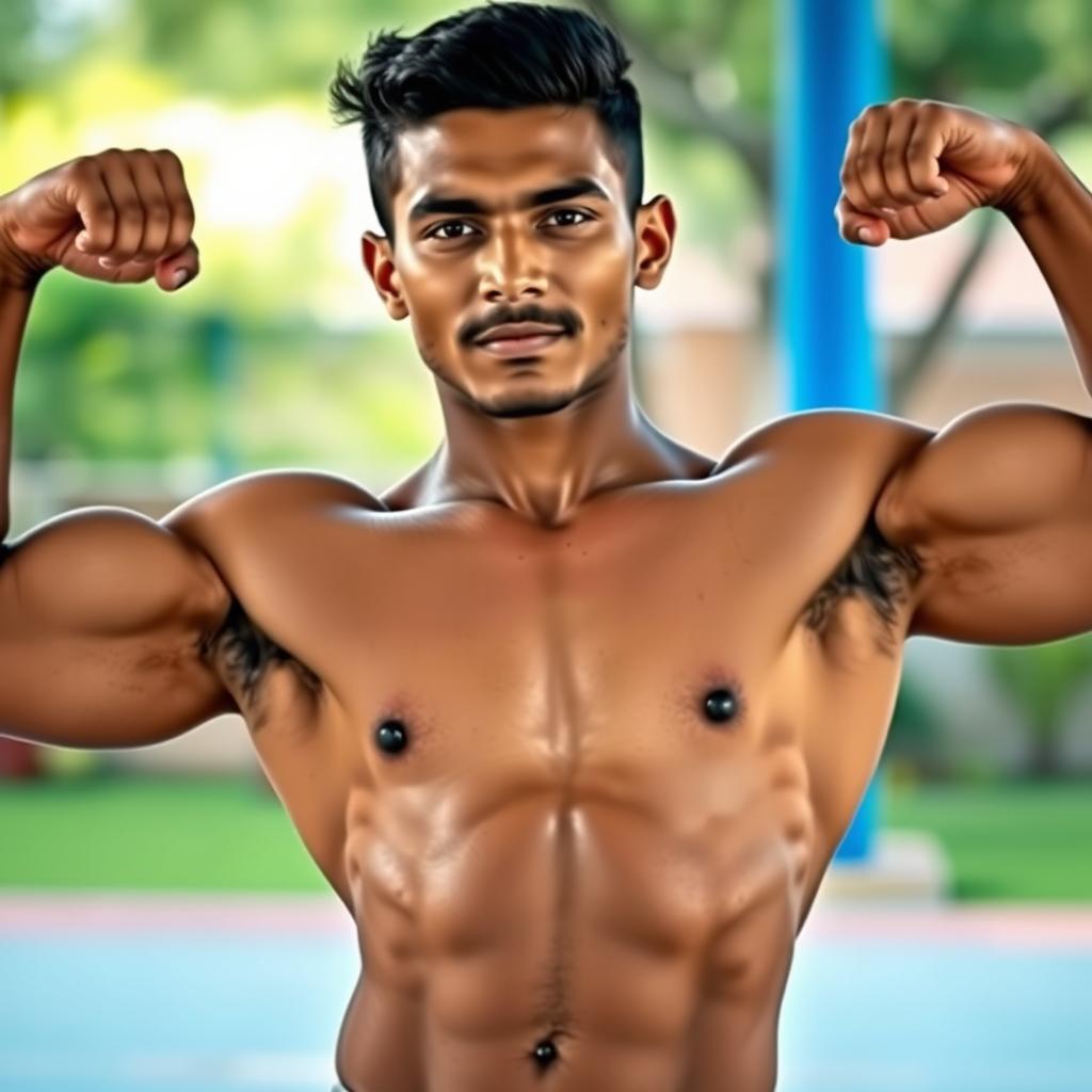 A muscular Indian boy showcasing his impressive physique, standing confidently with thick, dark armpit hair
