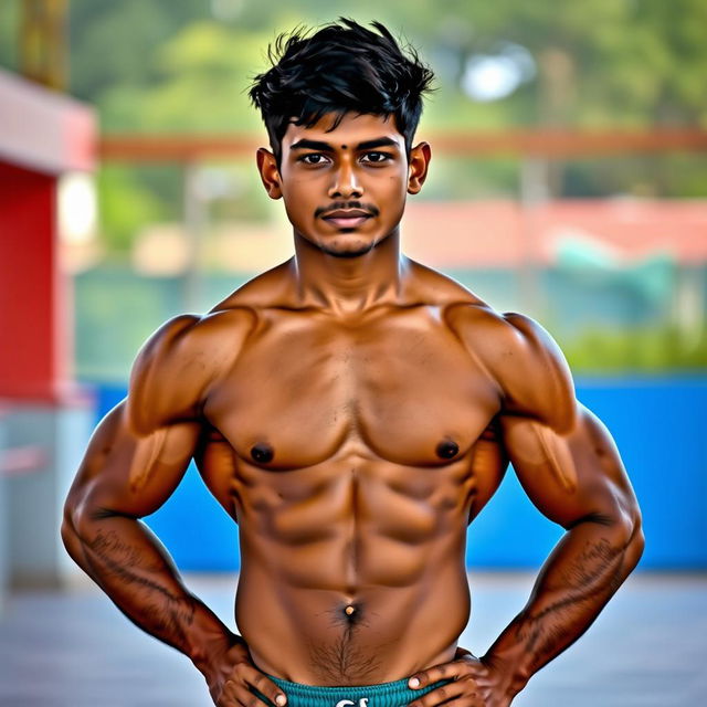 A muscular Indian boy showcasing his impressive physique, standing confidently with thick, dark armpit hair