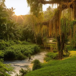 A sunlit ancient temple surrounded by lush greenery and a serene river flowing beside it