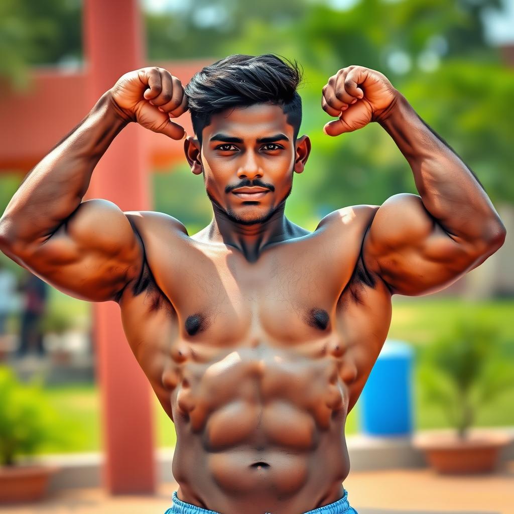 A muscular Indian boy showcasing his impressive physique, standing confidently with thick, dark armpit hair