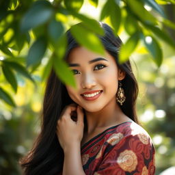 A realistic and naturally beautiful Indonesian Javanese woman, showcasing her elegant features and charming smile